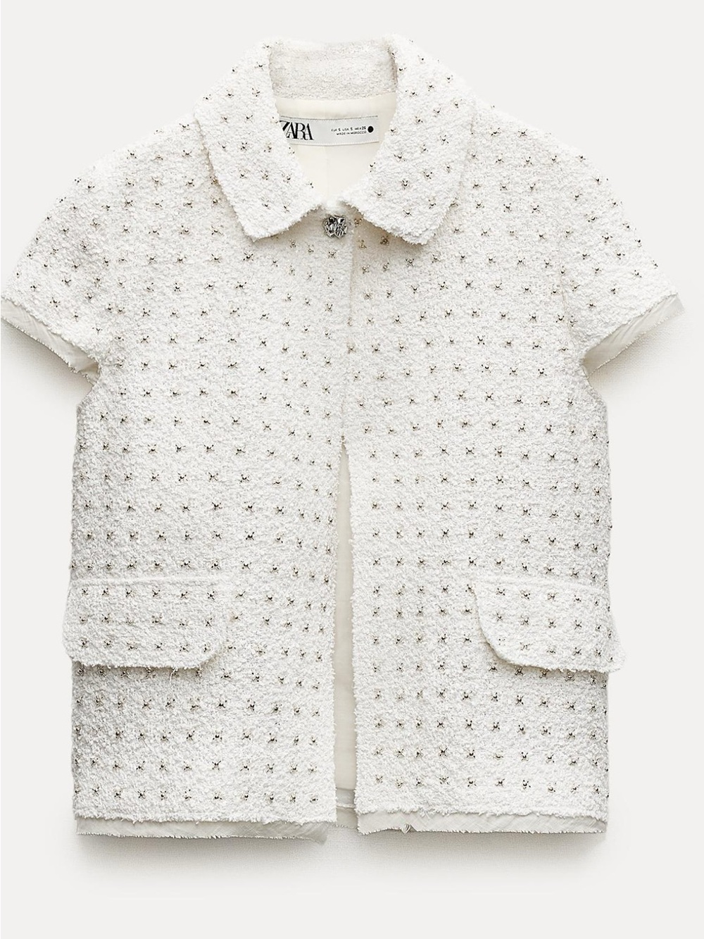 ZARA Cream Textured Short-Sleeve Bouclé Jacket Top